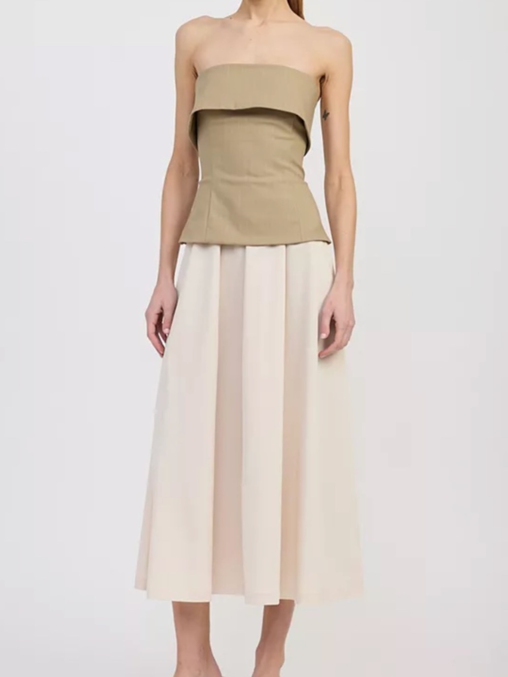 En Saison 'Arden' Mixed Mixed Media Midi Dress in Green Pinstripe & Cream (NWOT)